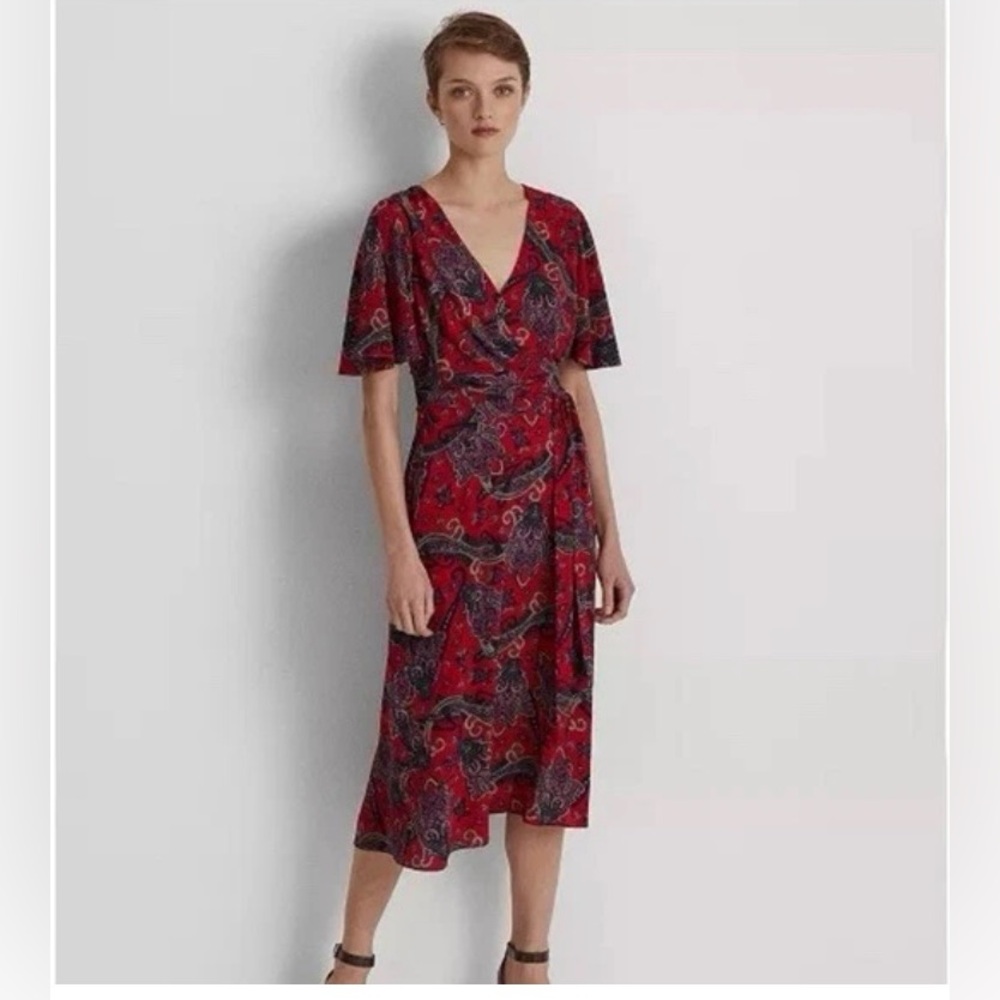 Vintage Ralph Lauren Black Label Dress Red and blue Paisley Wrap Sz 12 Midi